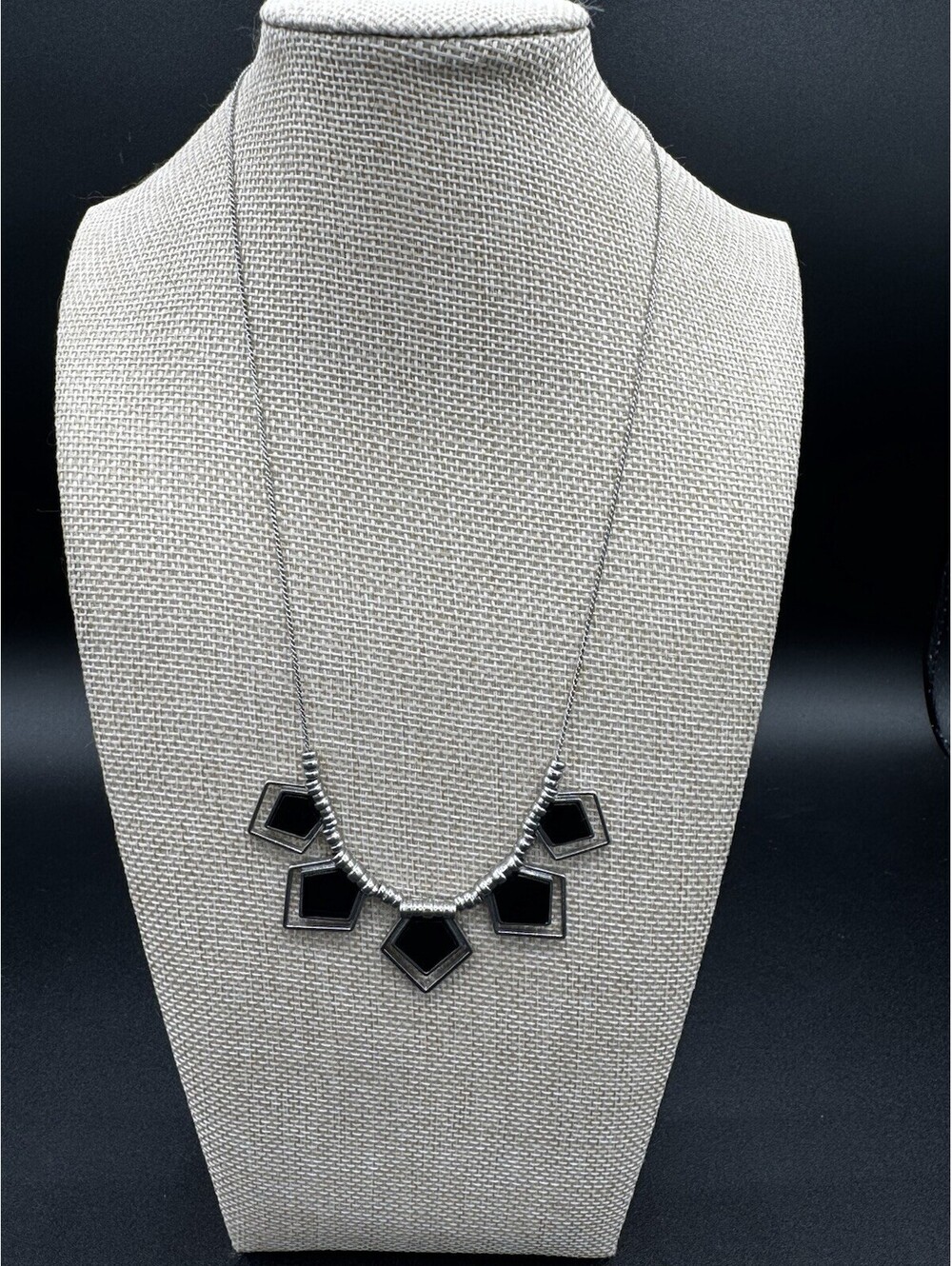 Black Geometric Statement Necklace Silver Tone Pentagon Pendant Adjustable